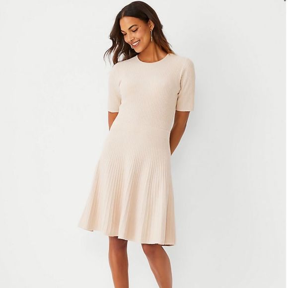Ann Taylor XSP Petite Beige Neutral Ribbed Flare Midi Sweater Dress - Picture 4 of 4